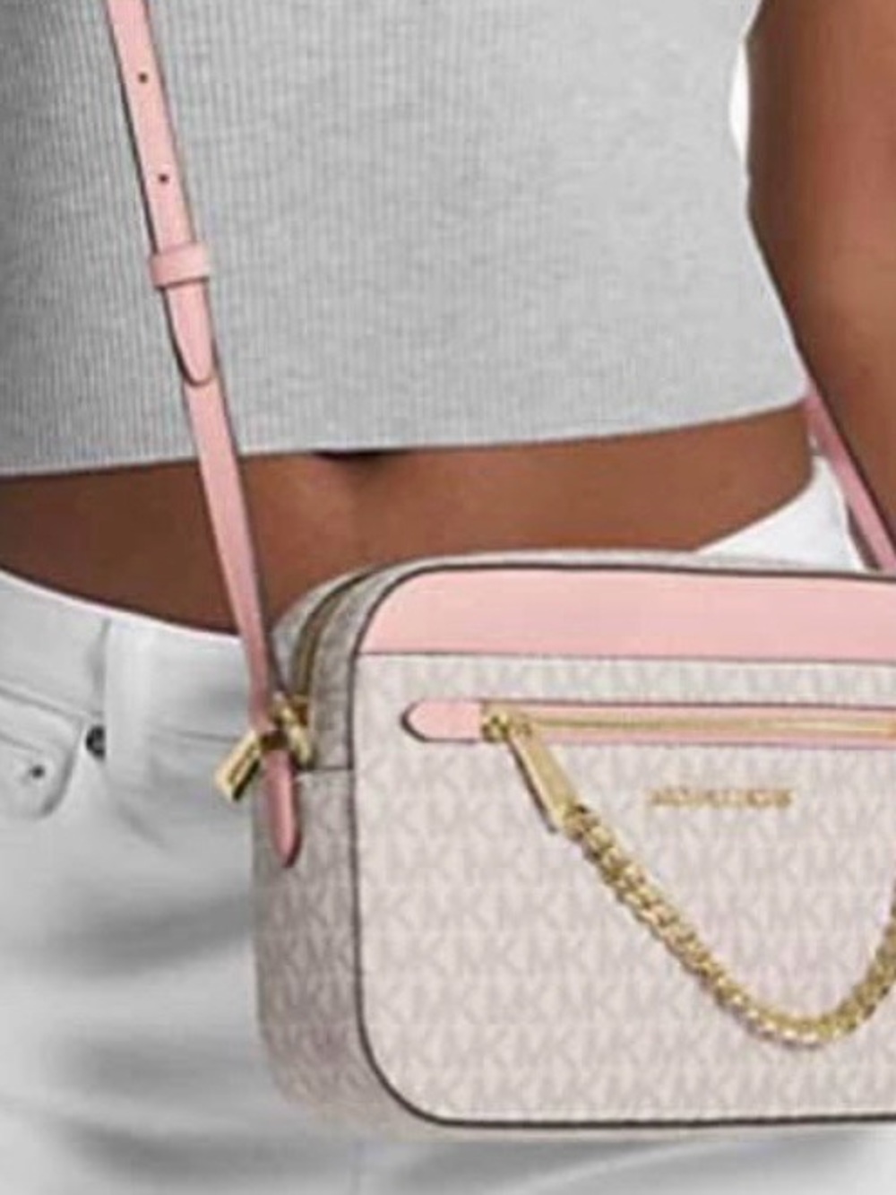Michael Kors Pink and Cream Signature Crossbody with Gold Chain